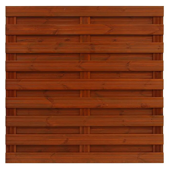 Andrewex Sichtschutzelement Goch - 180 x 180 cm, Teak - Detailansicht eines dekorativen, braunen Holzzaunpaneels mit horizontalen Brettern und quadratischen Verstrebungen.