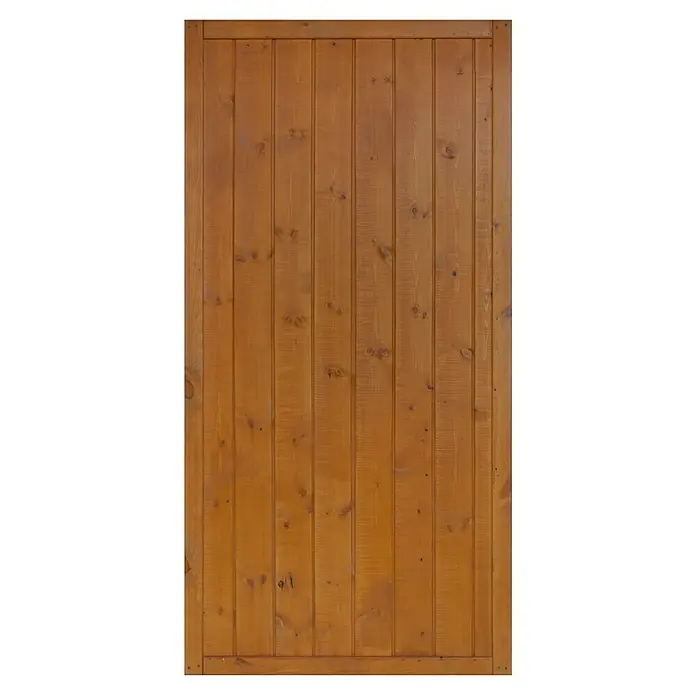Andrewex Sichtschutzelement Oxford - 90 x 180 cm, Pinie - Detailaufnahme einer Holztür mit vertikalen Brettern und einer warmen, honigfarbenen Holzmaserung, ideal für rustikale Designs.