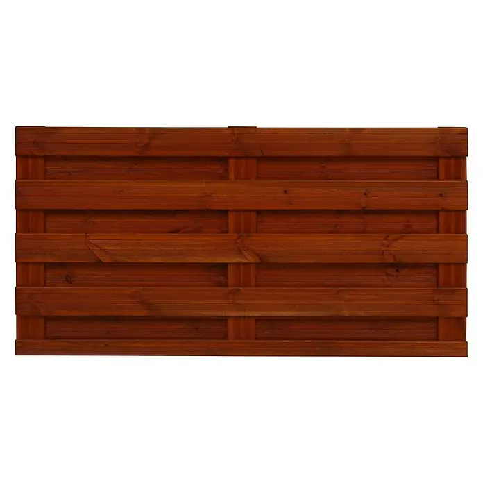 Andrewex Sichtschutzelement Goch - 180 x 90 cm, Teak - Ein brauner Holzzaun mit horizontalen Brettern bietet Privatsphäre und verleiht dem Garten einen natürlichen Look.