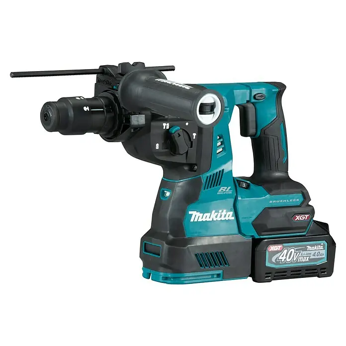 Makita XGT 40V max. Akku-Kombihammer HR004GM201 - 40 V, 2 Akkus, 2,9 J - Akkubetriebener Makita-Bohrhammer mit blaugrüner Akzentfarbe, ideal für schwere Bohrarbeiten.