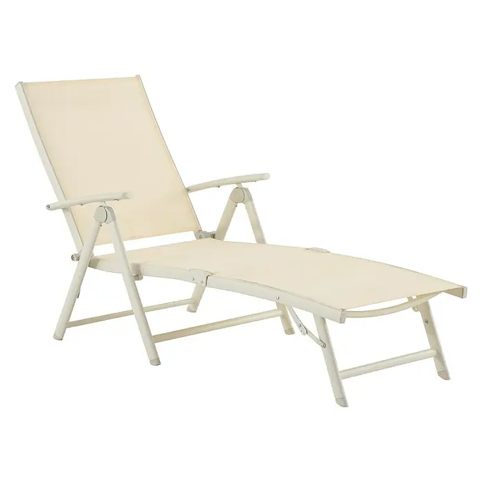 Sunfun Tumbona de jardín Rodas - An x Pr: 69 x 176 cm, Crema, Textil, Respaldo regulable - Una tumbona reclinable de metal y tela de color crema para el jardín o el patio.