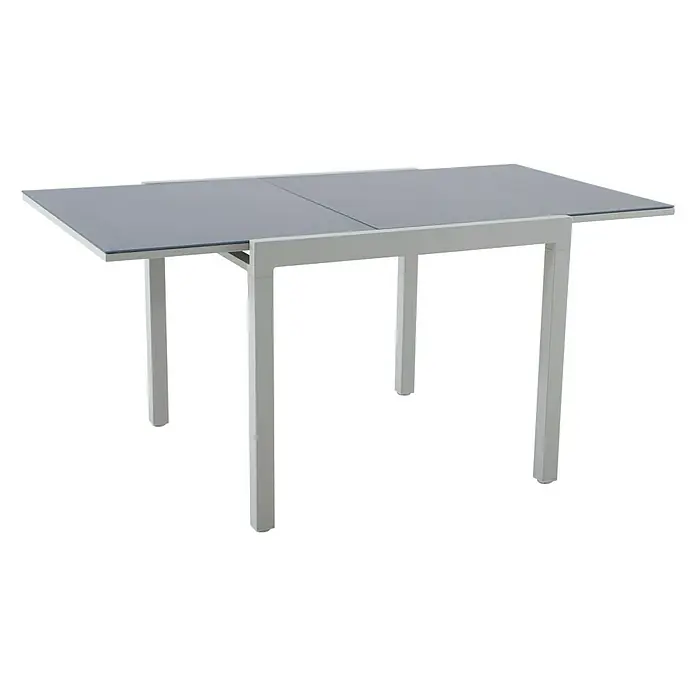 Sunfun Mesa de jardín Petra - L x An x Al: 90 x 90 x 75 cm, Gris claro - Una mesa de comedor elegante con tablero gris y estructura plateada, ideal para zonas de comedor modernas.