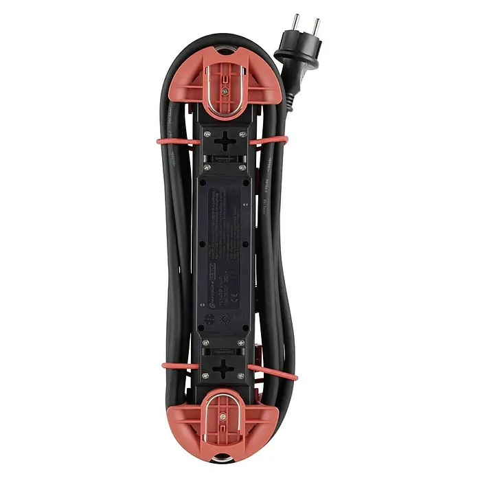 Base de enchufe múltiple - x 4, Negro/Rojo, Longitud del cable: 4 m, IP44, Con interruptor - Una regleta con cable enrollado y enchufe europeo, ideal para un uso flexible.
