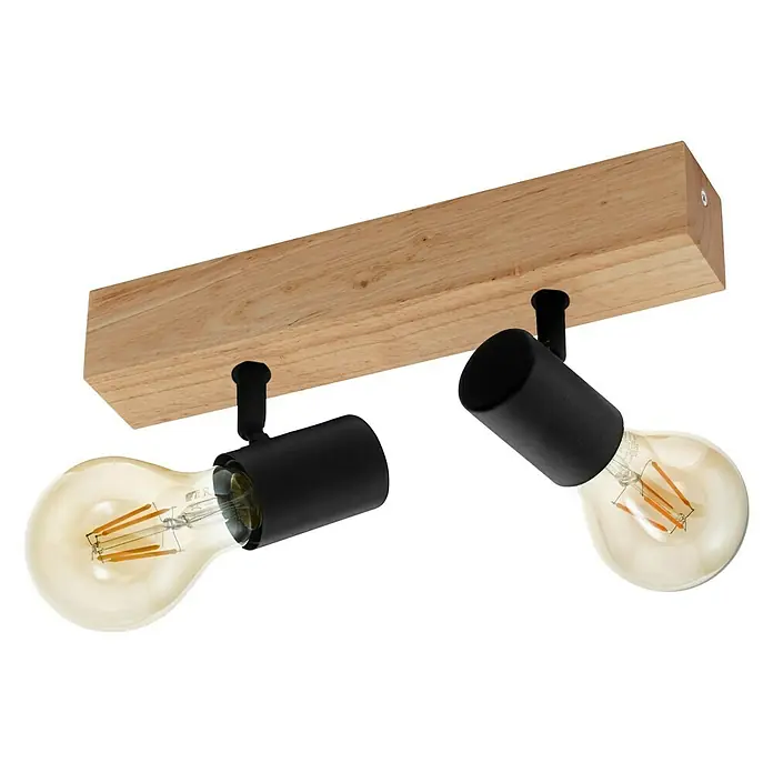 Eglo Townshend 3 Deckenstrahler - 120 W, L x B x H: 30 x 5 x 5 cm, Schwarz, Braun, E27 - Eine hölzerne Deckenleuchte mit zwei schwarzen Strahlern und Glühbirnen.