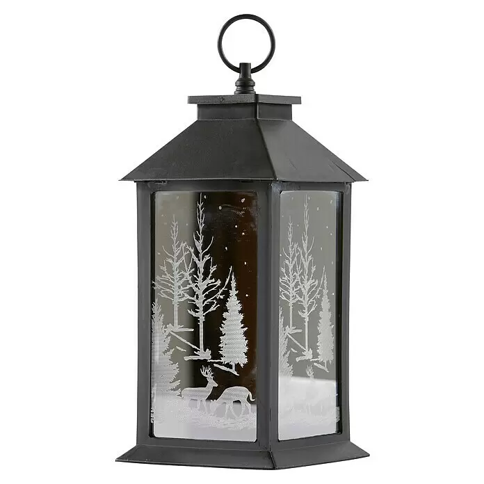 LED-Weihnachtsleuchte Laterne Vanda - Außen, Schwarz, L x B x H: 14 x 14 x 27 cm - Dunkelgraue Metalllaterne mit Glasplatten, die eine weiße Winterwald- und Hirschszene zeigen, mit Griff oben.