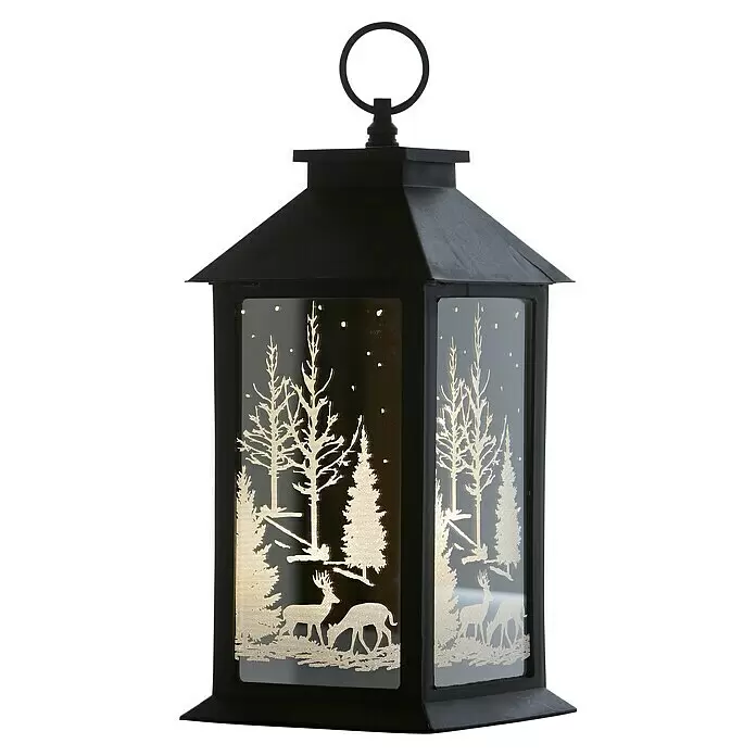 LED-Weihnachtsleuchte Laterne Vanda - Außen, Schwarz, L x B x H: 14 x 14 x 27 cm - Schwarze Dekolaterne mit beleuchteter Winterwaldszene mit Bäumen und Rehen.