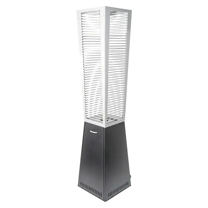 Terrassenstrahler Canton Tower - Wärmeleistung: 11 kW, Höhe: 220 cm - Eine Außenheizung mit einem grauen Sockel und einem gitterartigen, quadratischen, silbernen Aufsatz sorgt für Wärme und ein stilvolles Ambiente.