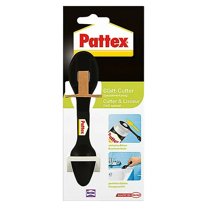 Pattex Glätt-Cutter - Geeignet für: Dichtmassen, Kunststoff - Bild der Pattex Glätt-Cutter, ein Werkzeug zum Glätten und Schneiden von Fugenmassen, präsentiert auf der Produktverpackung.