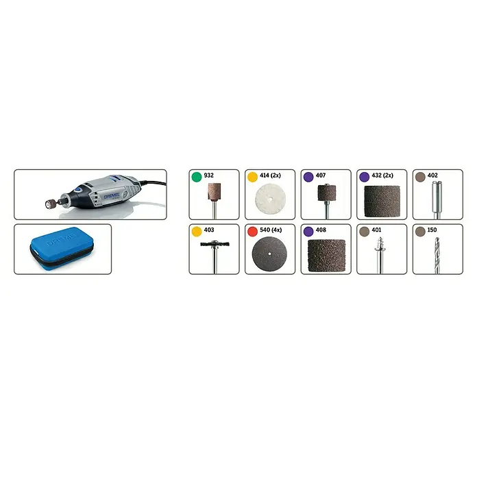 Dremel Multifunktionswerkzeug 3000-15 - 130 W - Eine Dremel-Multifunktionswerkzeug-Set-Ansicht mit verschiedenen Schleif-, Polier- und Trennaufsätzen, ideal für Handwerker und Modellbauer.