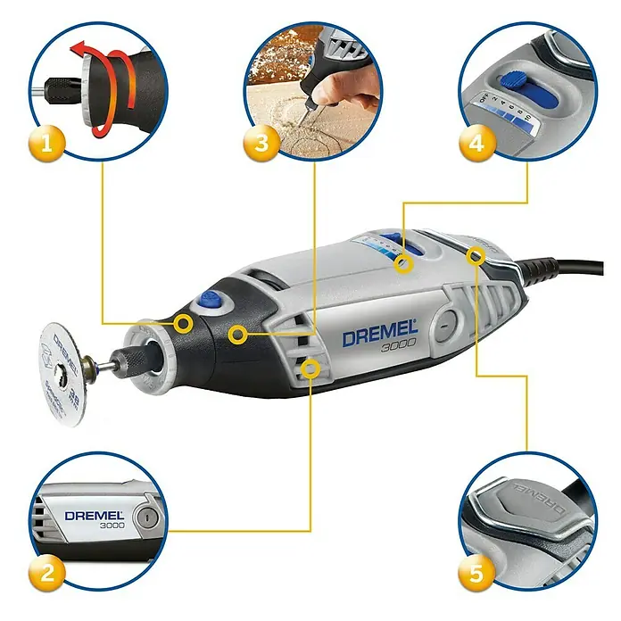 Dremel Multifunktionswerkzeug 3000-1/25 - 130 W - Detaillierte Ansicht eines Dremel 3000 Multifunktionswerkzeugs, das die verschiedenen Funktionen und Aufsätze hervorhebt.