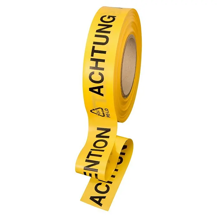 Warnband100 m x 40 mm, Gelb - Achtung! Ein gelbes Warnband mit der Aufschrift "Achtung" und "Attention" auf einer Rolle.
