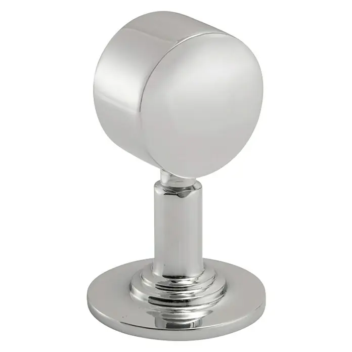 Stabilit Endhalterung - L x B: 75 x 30 mm, Für Seildurchmesser: 30 mm, Verchromt - Nahaufnahme einer glänzenden, silberfarbenen runden Armatur mit Sockel. Ideal für Badezimmer oder Küche und sorgt für einen modernen Look.