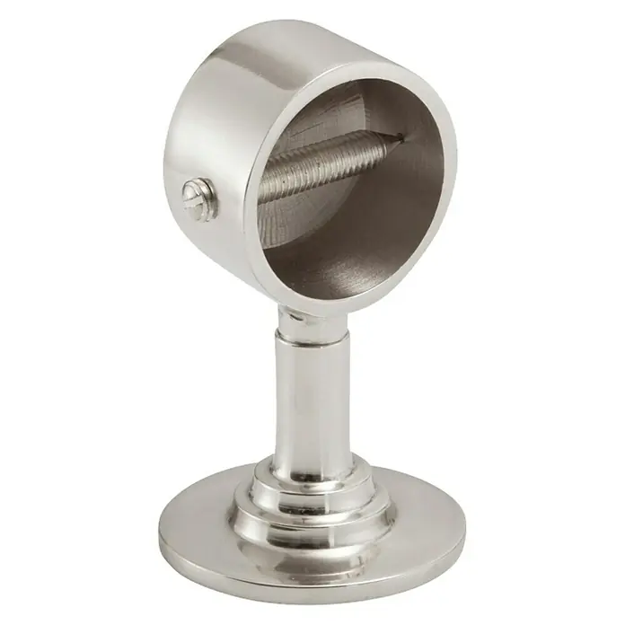 Stabilit Endhalterung - L x B: 75 x 30 mm, Für Seildurchmesser: 30 mm, Verchromt - Nahaufnahme einer Gardinenstangenhalterung aus poliertem Nickel, die Stabilität und Stil für Ihre Vorhänge bietet.