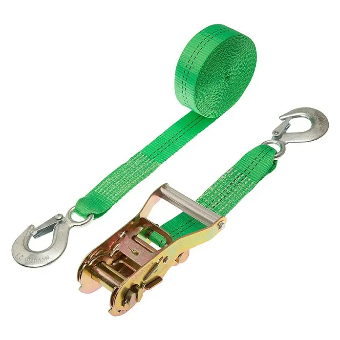 Conacord Spanngurt - 6 m x 3,5 cm, Belastbarkeit: 1.000 kg, Zweiteilig, 2 Karabinerhaken - Ein grüner Spanngurt mit Ratsche und Haken zur Ladungssicherung im Transport.