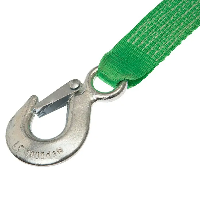 Conacord Spanngurt - 6 m x 3,5 cm, Belastbarkeit: 1.000 kg, Zweiteilig, 2 Karabinerhaken - Nahaufnahme eines robusten grünen Spanngurts mit einem stabilen Metallhaken, ideal für sichere Lastenbefestigung.