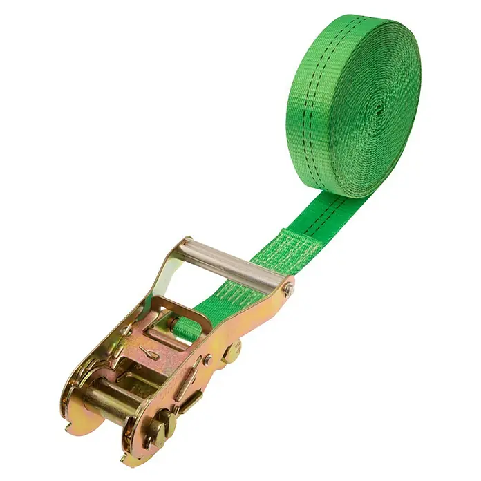 Conacord Spanngurt - 6 m x 3,5 cm, Belastbarkeit: 1.000 kg, Einteilig, Mit Ratsche - Nahaufnahme eines grünen Spanngurts mit goldfarbener Ratsche, ideal zur Ladungssicherung und Transportsicherung.
