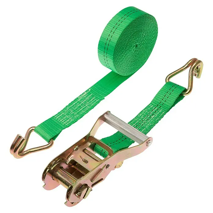 Conacord Spanngurt - 6 m x 3,5 cm, 2 Spitzhaken, Belastbarkeit: 1.000 kg - Grüner Zurrgurt mit Ratsche und Haken zur Ladungssicherung. Das Produkt ist auf schwarzem Hintergrund dargestellt.