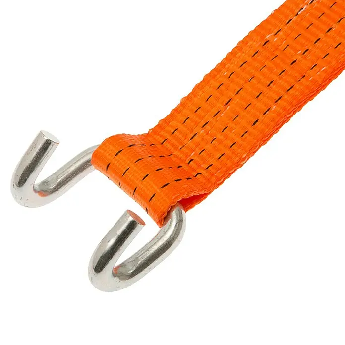 Conacord Spanngurt - 8 m x 5 cm, Belastbarkeit: 2.000 kg, Zweiteilig, 2 Rahmenhaken - Nahaufnahme eines orangefarbenen Abschleppseils mit zwei silbernen Haken. Ideal zum sicheren und zuverlässigen Abschleppen von Fahrzeugen.