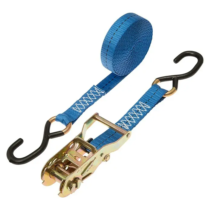 Conacord Spanngurt - 5 m x 2,5 cm, Mit Ratsche, S-Haken - Ein blauer Spanngurt mit einer Ratsche und Haken zur Ladungssicherung, ideal für den Transport von Gütern und zum Festzurren.