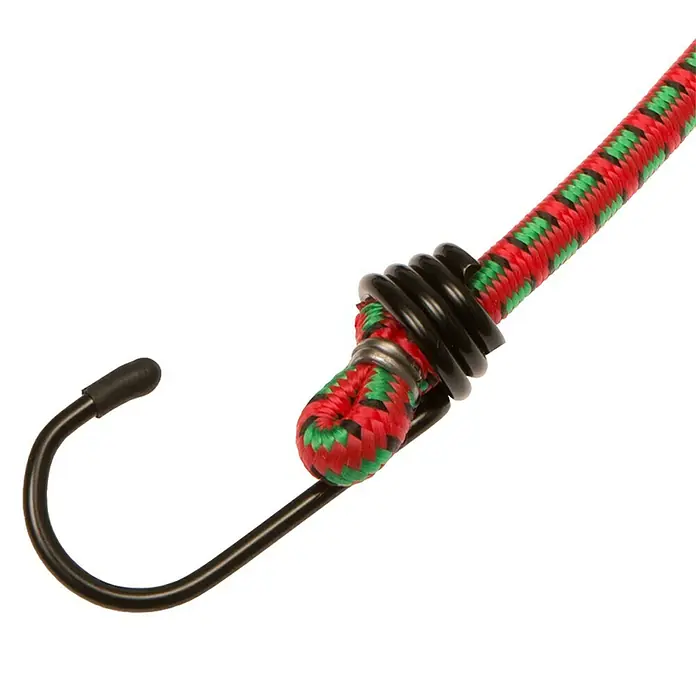 Conacord Gepäckspanner - 60 cm, 2 Stk. - Ein rotes und grünes Gummiseil mit einem schwarzen Haken und schwarzen Kunststoffringen zum Sichern von Gegenständen.