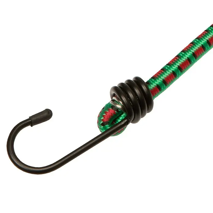 Conacord Gepäckspanner - 80 cm, 2 Stk. - Detailaufnahme eines Gummiseils mit Haken, ideal für die Ladungssicherung. Das Seil ist grün-rot gemustert und hat einen schwarzen Haken.
