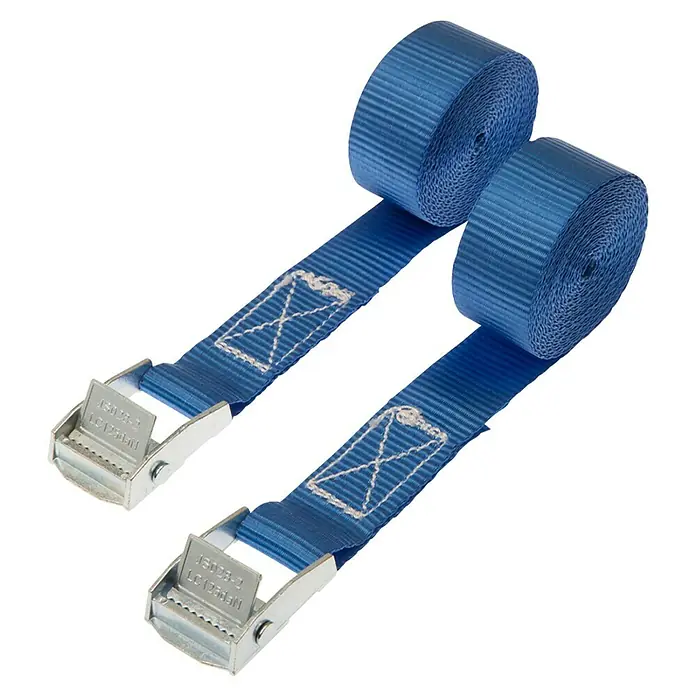 Alpha Tools Zurrgurt - Länge: 2,5 m, Belastbarkeit: 125 kg, Mit Klemmschloss - Zwei blaue Spanngurte mit Metallklemmen, aufgerollt und zur Verwendung bereit, ideal für sicheren Transport.