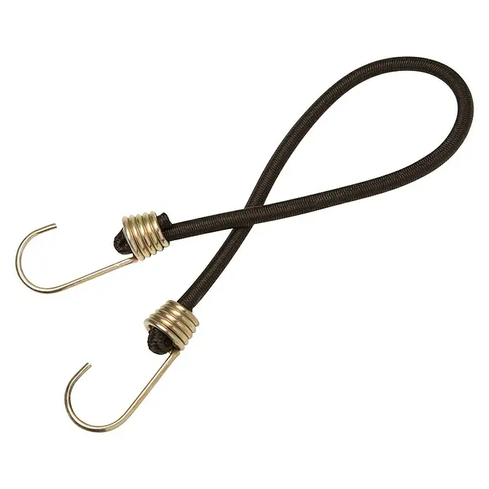 Conacord Spannseil Mini - 25 cm, 5 Stk. - Nahaufnahme eines schwarzen Spanngummis mit Hakenenden, ideal zum Sichern von Gegenständen und Ladung.