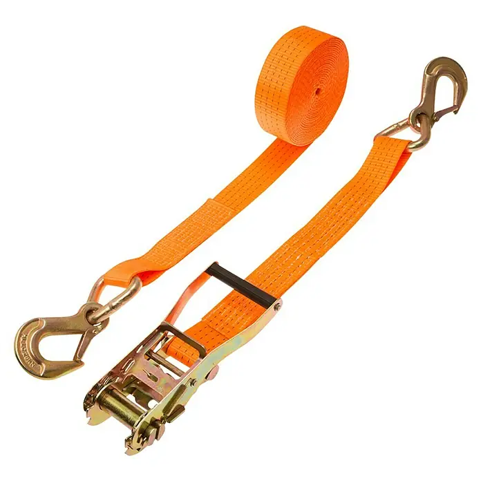 Conacord Spanngurt - 2 Triangelhaken, 8 m x 5 cm, Belastbarkeit: 2.000 kg - Ein orangefarbener Spanngurt mit Ratsche und Haken zur Ladungssicherung.