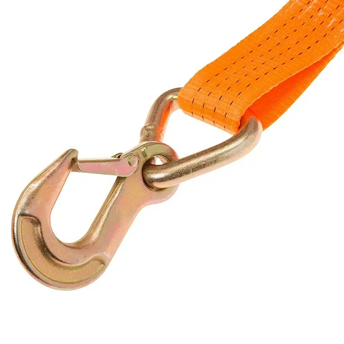 Conacord Spanngurt - 2 Triangelhaken, 8 m x 5 cm, Belastbarkeit: 2.000 kg - Nahaufnahme eines orangefarbenen Spanngurts mit goldfarbenem Haken. Ein praktisches und robustes Werkzeug zur Ladungssicherung.
