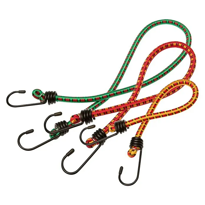 Alpha Tools Gepäckspanner - Belastbarkeit: 7 kg, 6 Stk. - Drei bunte Spanngummis mit Haken auf schwarzem Hintergrund. Die Spanngummis sind grün, rot und gelb.