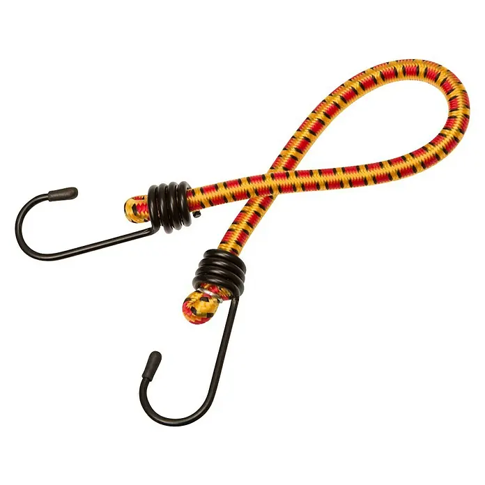 Alpha Tools Gepäckspanner - Belastbarkeit: 7 kg, 6 Stk. - Gelb-rot gemustertes Gummiseil mit schwarzen Haken und schwarzen Befestigungsringen. Perfekt zum Sichern von Gegenständen.