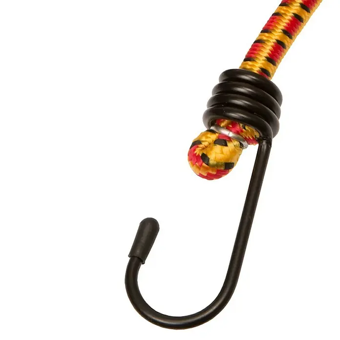 Alpha Tools Gepäckspanner - Belastbarkeit: 7 kg, 6 Stk. - Nahaufnahme eines Gummibandes mit Haken, ideal zum Sichern von Gegenständen. Das Band ist farbenfroh und robust.
