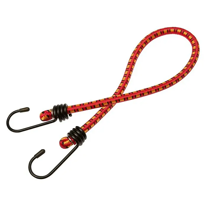 Alpha Tools Gepäckspanner - Belastbarkeit: 7 kg, 6 Stk. - Ein rotes und gelbes Gummiseil mit zwei Metallhaken, das zum Sichern und Festbinden von Gegenständen verwendet wird.