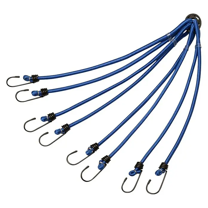 Alpha Tools Gepäckspanner - Anzahl Arme: 8 Stk., Länge: 80 cm, Belastbarkeit: 7 kg - Abbildung von blauen Gepäckspinnen mit Haken an beiden Enden, ideal zum Sichern von Ladung.