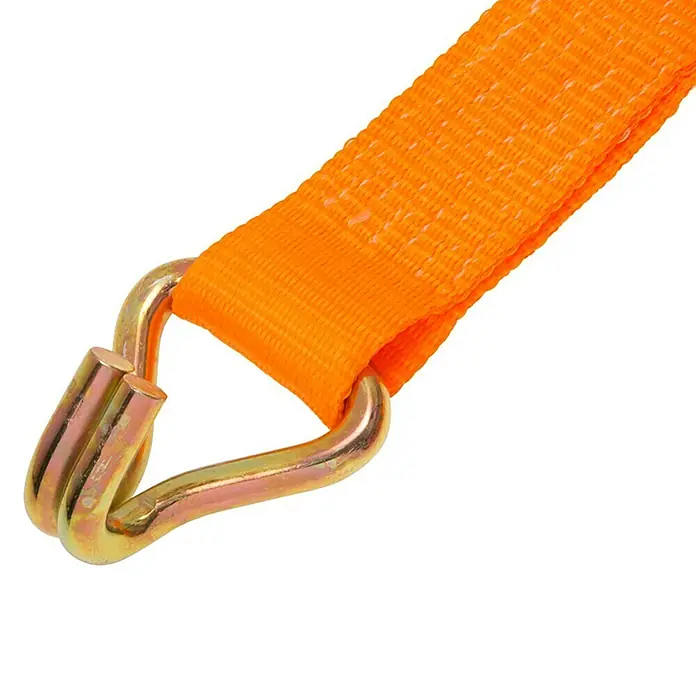 Conacord Spanngurt - 2 Spitzhaken, 8 m x 5 cm, Belastbarkeit: 2.000 kg - Nahaufnahme eines orangefarbenen Spanngurts mit einem robusten Metallhaken, ideal zum Sichern von Ladungen.