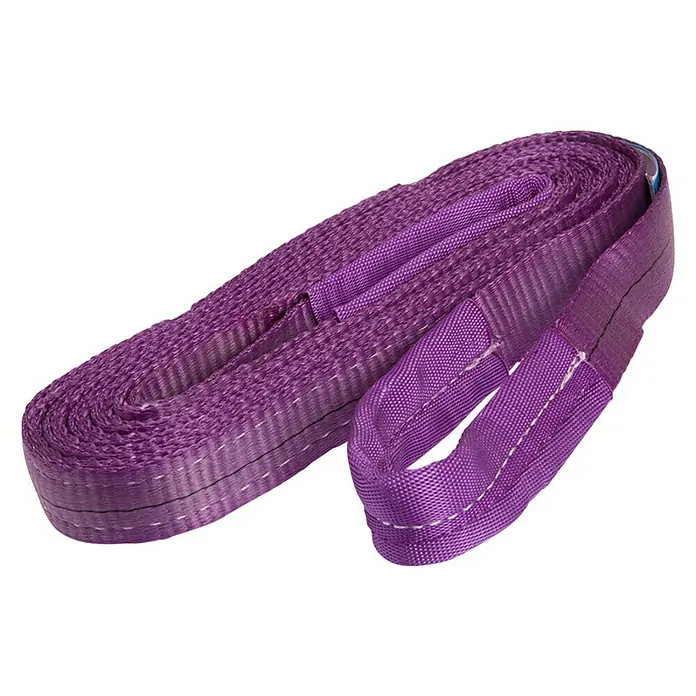 Conacord Hebeband - 3 m x 30 mm, Belastbarkeit: 1.000 kg - Nahaufnahme eines gewebten, violetten Hebebands mit Schlaufenenden. Das Band ist aufgerollt, um seine Textur und robuste Beschaffenheit zu zeigen.