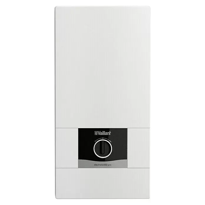 Vaillant Calentador - 24 kW, Electrónico, Se puede cerrar - Calentador de agua Vaillant electronicVED pro blanco con panel de control negro y gris y un dial giratorio central.