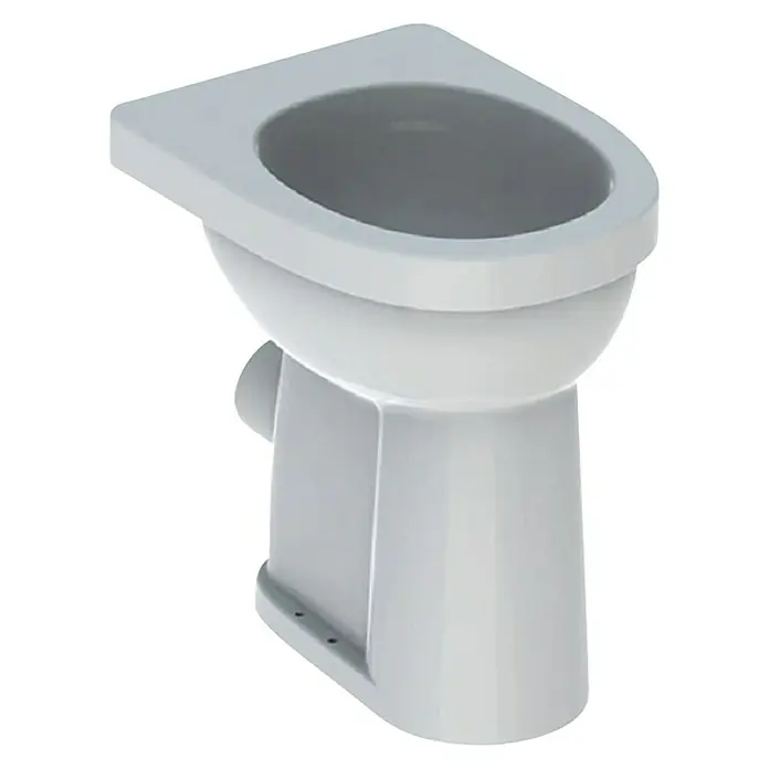 Geberit Renova Comfort Stand-WC Typ 1 - Mit Spülrand, Mit schmutzabweisender Glasur, Spülform: Flach, WC Abgang: Senkrecht, Weiß - Isometrische Ansicht einer weißen wandhängenden Keramiktoilette, modernes Design für Badezimmer mit schwarzem Hintergrund.