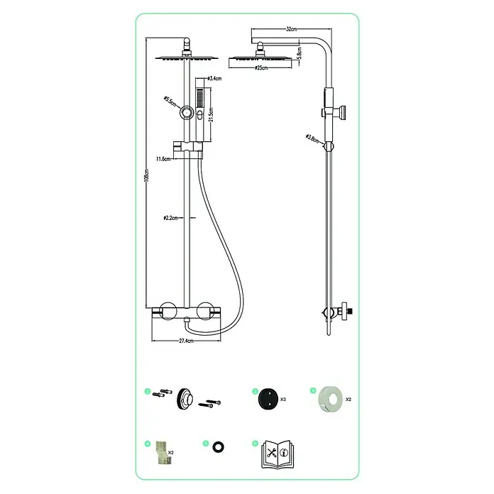 Rousseau Sistema de ducha Delphino - Con grifo termostático, Distancia entre orificios: 15 cm, Número de tipos de chorro: 1 ud., Cromo - Un diagrama esquemático de un conjunto de ducha con varias dimensiones y piezas accesorias necesarias para la instalación.