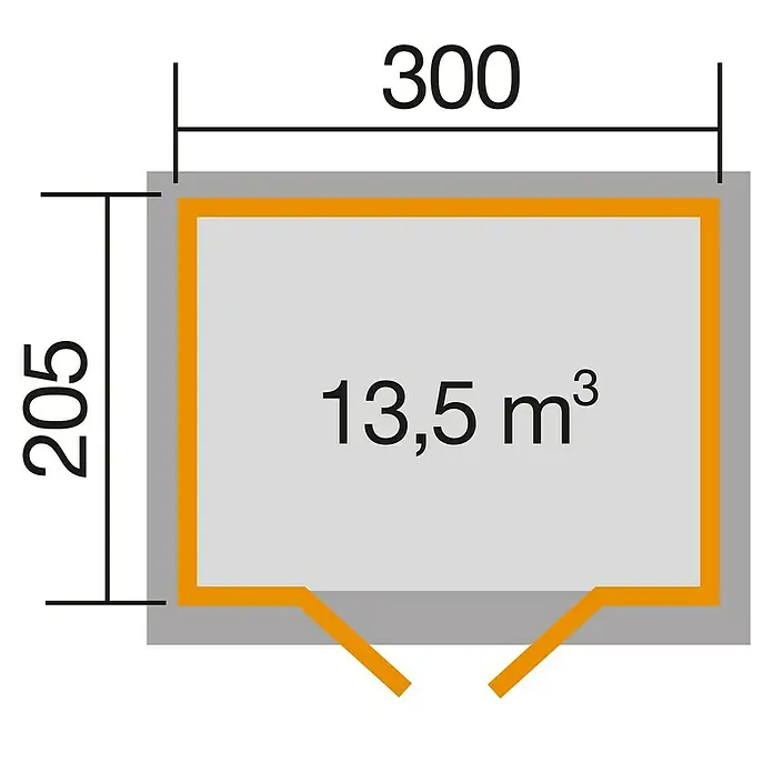 Weka Gartenhaus 122 - Holz, Schwedenrot/Weiß, Grundfläche: 6,17 m² - Grundriss des Produkts mit Abmessungen: 300 x 205 cm und Volumen 13,5 m³.