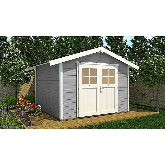 Weka Gartenhaus 122 - Holz, Grau/Weiß, Grundfläche: 6,17 m² - Ein modernes, graues Gartenhaus mit Doppeltür und weißen Akzenten, umgeben von üppigem Grün, bietet stilvollen Stauraum für den Garten.
