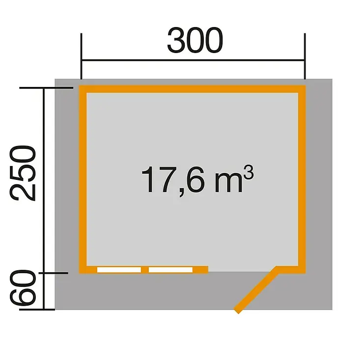 Weka Gartenhaus 139 - Außenmaß inkl. Dachüberstand (B x T): 380 x 324 cm, Holz, Natur, 7,5 m² - Grundrisszeichnung eines Raumes mit den Maßen 300 x 250 x 60 cm und einem Volumen von 17,6 m³.