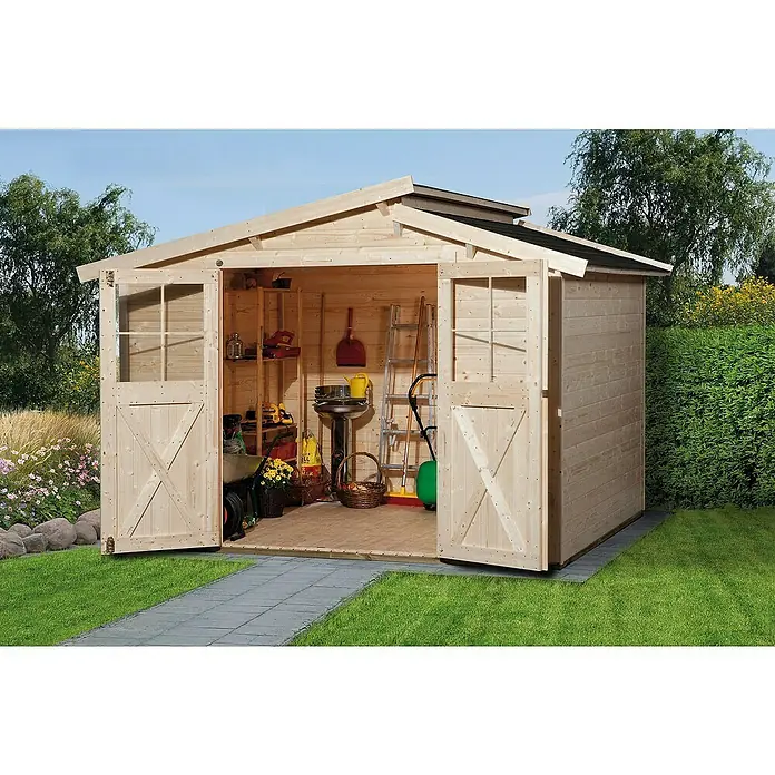 Weka Gartenhaus 323 - Außenmaß inkl. Dachüberstand (B x T): 330 x 273 cm, Holz, Natur, 7,475 m² - Geräumiges Gartenhaus aus hellem Holz mit Doppeltür und Fenstern, ideal zur Aufbewahrung von Gartengeräten und Werkzeugen im Außenbereich.