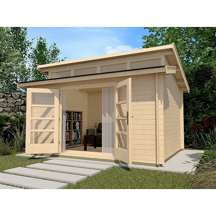 Weka Gartenhaus 158 - Außenmaß inkl. Dachüberstand (B x T): 350 x 360 cm, Holz, Natur, 9 m² - Holzgartenhaus mit offenem Eingang und viel Tageslicht. Ideal für Büro oder Hobbyraum mit Bücherregal.