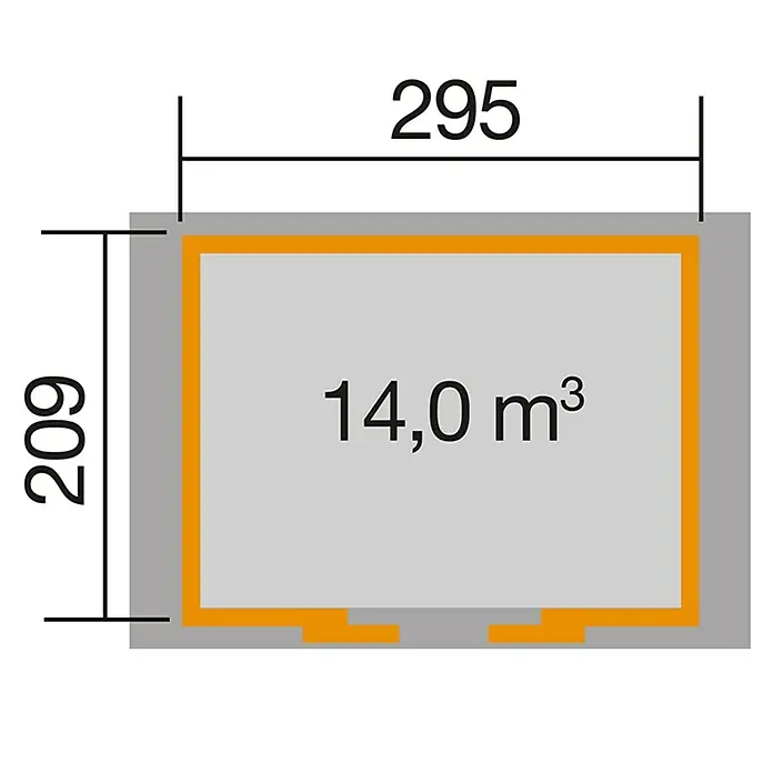 Weka Gerätehaus 228 - Holz, 6,343 m², Wandstärke: 21 mm, Schwedenrot/Weiß - Illustration der Grundfläche eines Hauses oder Raumes mit einer Fläche von 14,0 m³ und den Abmessungen 295 x 209.