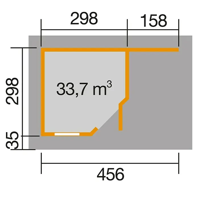 Weka Gartenhaus Designhaus 213 A+ - Außenmaß inkl. Dachüberstand (B x T): 500 x 339 cm, Holz, Natur, 13,039 m² - Bild einer schematischen Draufsicht eines Zimmers mit Größenangaben in mm und Volumenangabe.