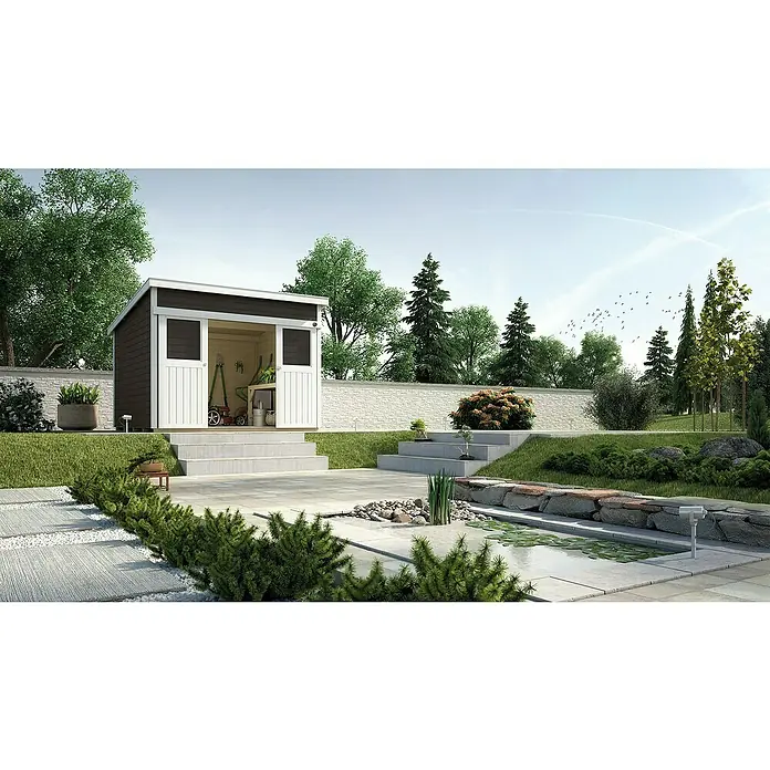 Weka Gartenhaus 225 - Außenmaß inkl. Dachüberstand (B x T): 315 x 335 cm, Holz, Anthrazit/Weiß, 8,82 m² - Ein modernes Gartenhaus mit braunen Holzpaneelen und weißen Türen, das sich perfekt in die grüne Landschaft einfügt. Praktisch & stilvoll!