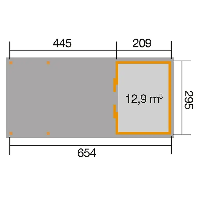 Weka Gartenhaus 225 B - Außenmaß inkl. Dachüberstand (B x T): 676 x 336 cm, Holz, Natur, 19,345 m² - Grundriss einer Gartenlaube mit Maßangaben für Länge (654), Breite (295) und Fläche (12,9 m³).