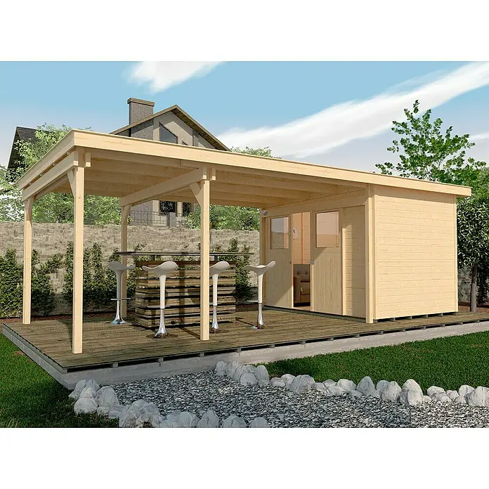 Weka Gartenhaus 225 B - Außenmaß inkl. Dachüberstand (B x T): 676 x 336 cm, Holz, Natur, 19,345 m² - Gartenoase mit Holzpavillon und integrierter Bar. Ideal für entspannte Stunden im Freien und stilvolle Gartenpartys mit Freunden und Familie.
