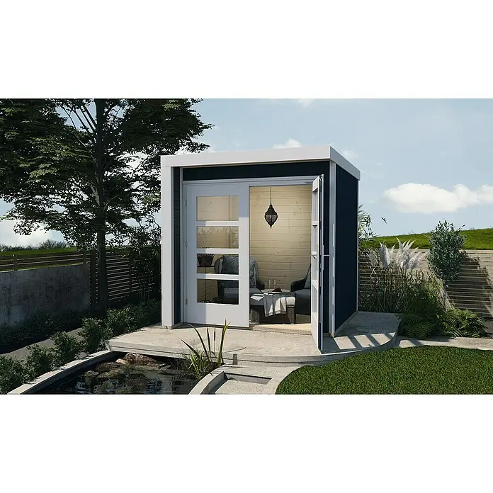 Weka Gartenhaus Designhaus 262 A - Außenmaß inkl. Dachüberstand (B x T): 214 x 215 cm, Holz, Anthrazit/Weiß - Ein modernes Gartenhaus mit offenen Glastüren, umgeben von einer friedlichen Gartengestaltung, bietet einen idyllischen Rückzugsort.